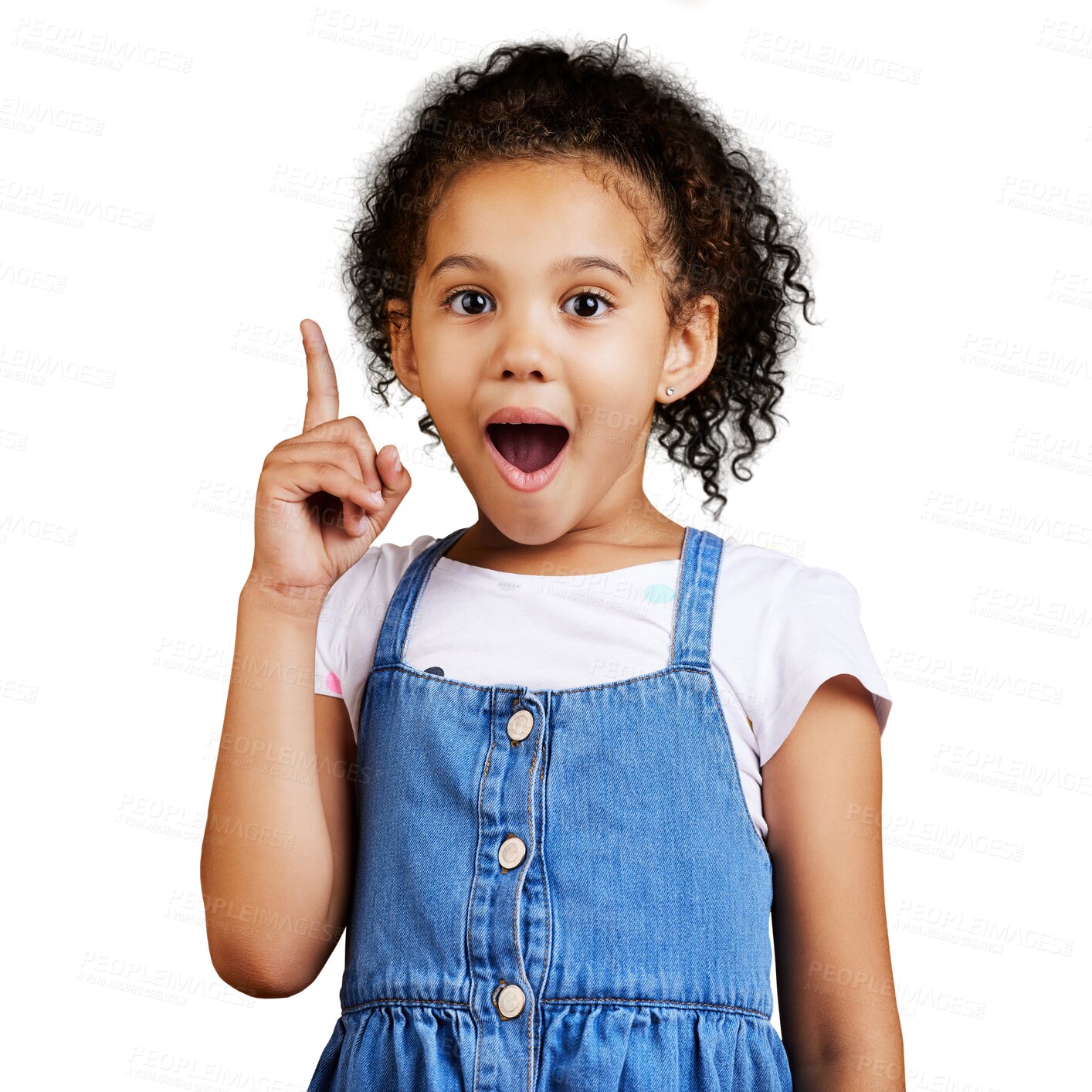 Buy stock photo Portrait, surprise and kid with idea isolated on a transparent png background. Face, pointing up and young girl with question, wow and inspiration for answer, lightbulb emoji and excited for solution