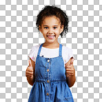 Studio portrait mixed race girl giving thumbs upCute hispanic child posing inside. Happy and cute kid giving support, being positive and gesturing, I agree  isolated on a png background. 