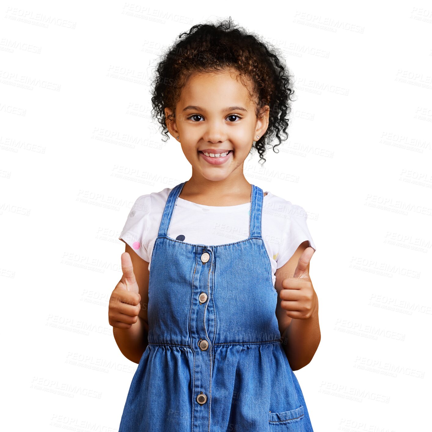 Buy stock photo Thumbs up, portrait and girl child with hand, vote or sign on isolated, transparent and png background. Face, smile and happy kid with finger emoji for winning, agree and thank you, yes and feedback