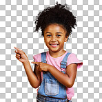 A portrait mixed race girl pointing sideways towards copyspace isolated Cute hispanic child posing inside. Happy and cute kid showing or endorsing company or product isolated on a png background