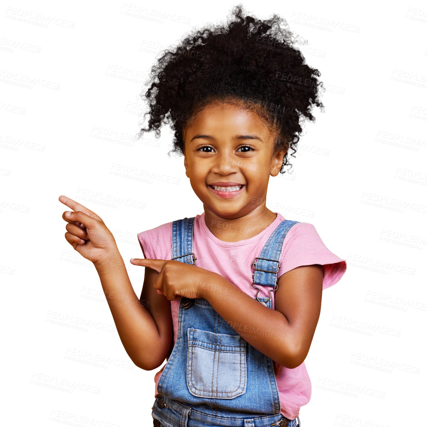 Buy stock photo Happy child, portrait and hand of girl pointing on isolated, transparent or png background. Finger, sign and face of kid with smile for choice, decide or children fashion, direction or decision