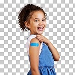 A portrait mixed race girl showing a plaster on her arm Isolated Cute hispanic child lifting her sleeve to show injection site for covid or corona jab and vaccination isolated on a png background