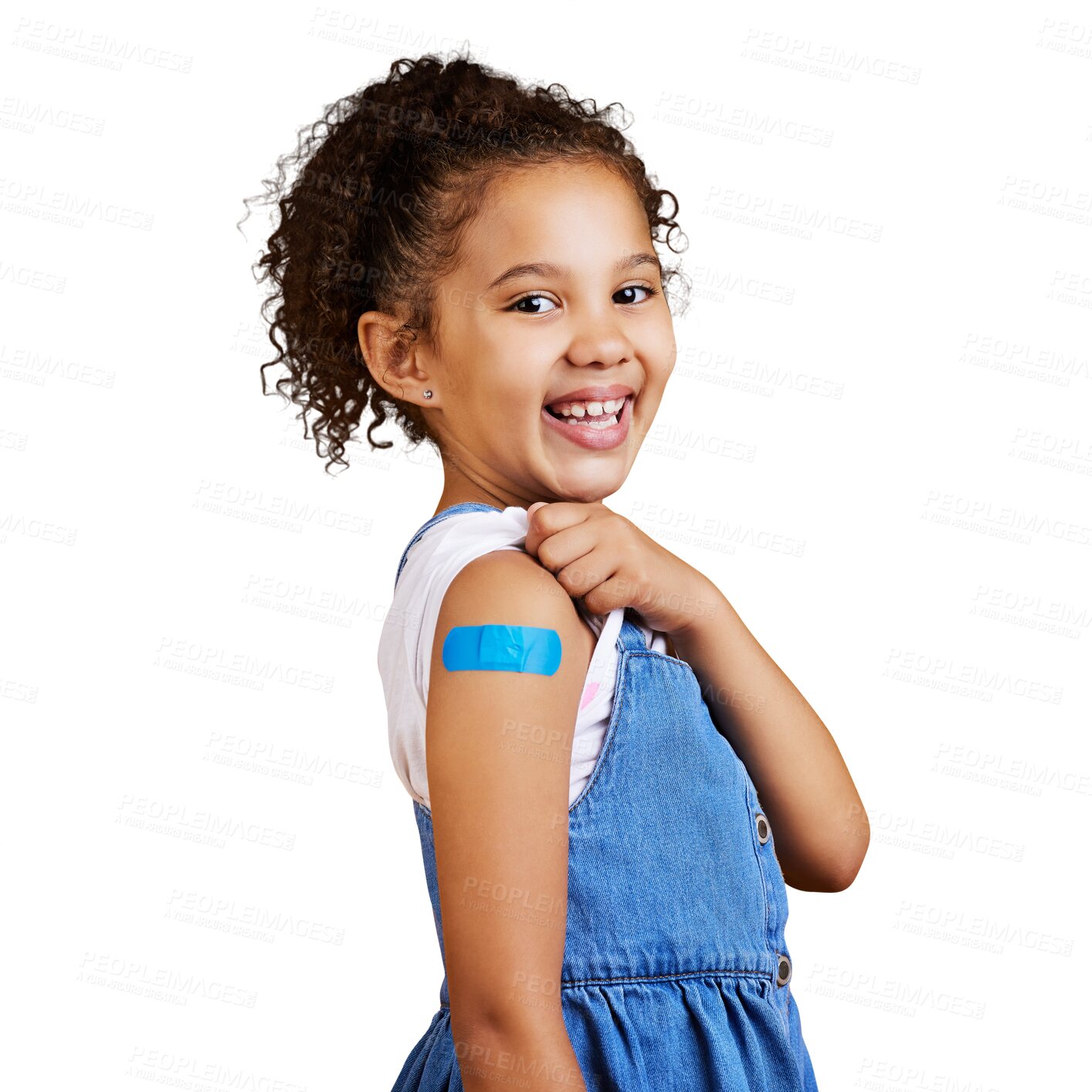 Buy stock photo Portrait, happy girl and plaster on arm with smile or denim clothing isolated on a transparent PNG background. Cute little child smiling with bandage for injection, vaccination or healthcare flu shot