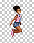 Studio portrait mixed race girl jumping into the air with her hands raised Cute hispanic child posing inside. Happy and carefree kid lifting her hands upwards  isolated on a png background. 