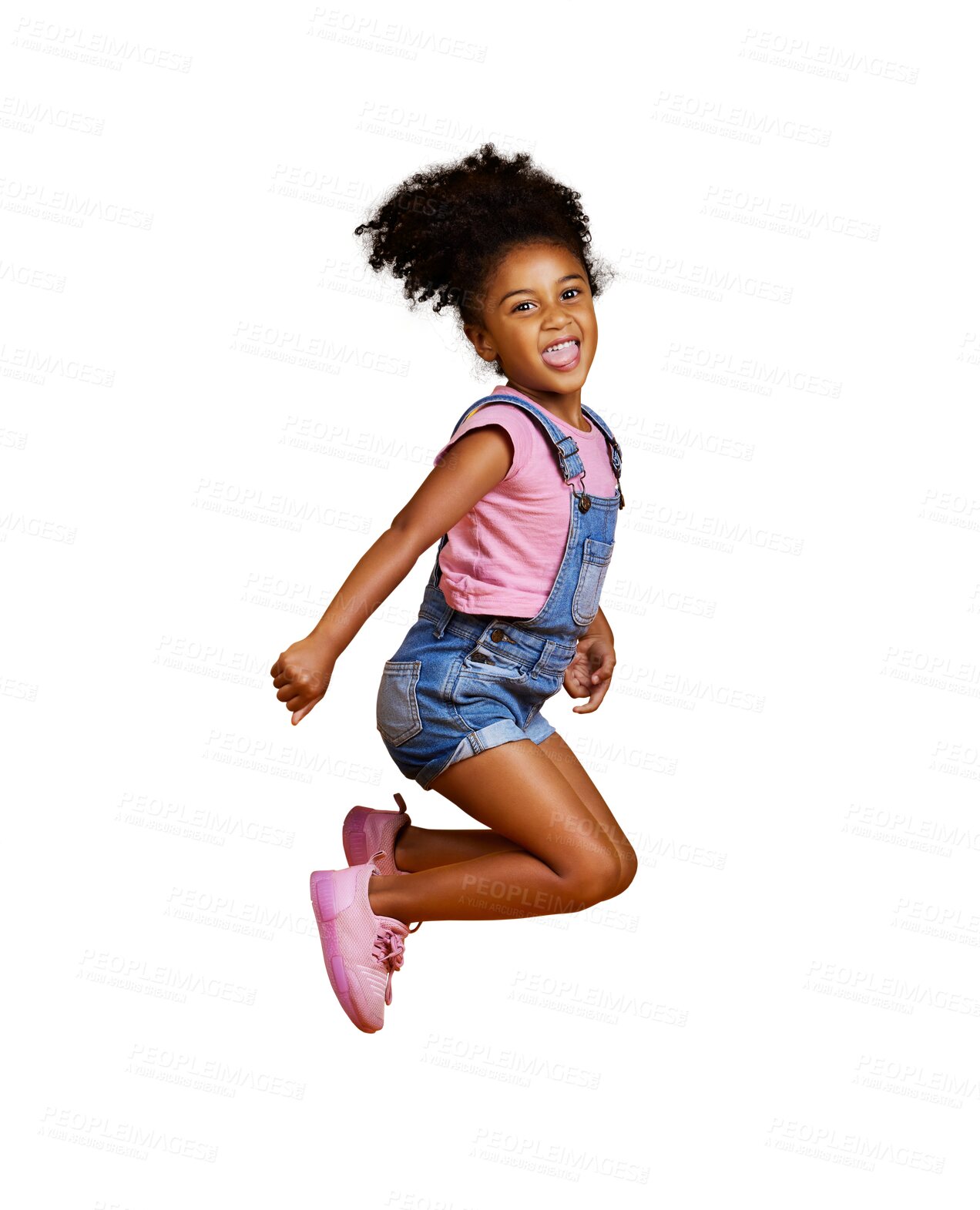 Buy stock photo Jump, portrait and happy child with celebration, winning or energy, games and excited isolated on transparent, png background. Dancing, celebrate and African kid, winner or  girl for freedom or dance