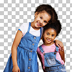 Studio portrait mixed race girl sisters  Cute hispanic children posing inside. Happy and carefree kids standing together. Sisters, siblings and best friends isolated on a png background.