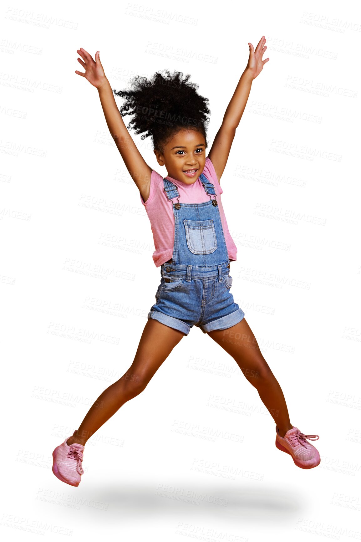 Buy stock photo Girl, excited and jump with surprise, png and good news isolated against transparent background. Female child, kid or young person with happiness, shocked or announcement with motion, smile or action