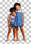 Studio portrait two mixed race girl sisters wearing funky sunglasses Cute hispanic children posing inside. Happy and carefree kids imagining being fashion models Isolated on a png background. 