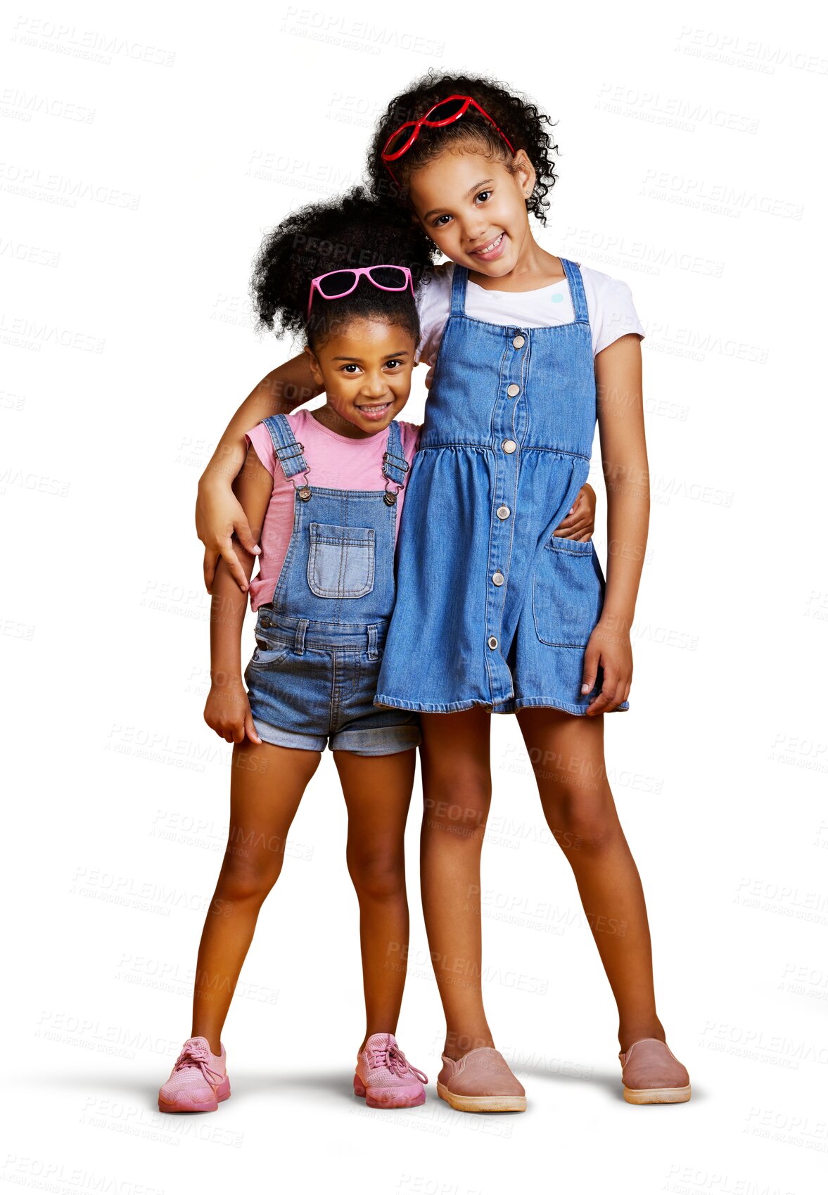 Buy stock photo Portrait, happy sisters and hug for fashion, cool or summer clothing on isolated transparent png background. Girls, children and kids smile with style, fun clothes and pink sunglasses accessories