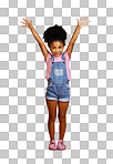 Studio portrait mixed race girl showing surprise with her hands raised isolated on a png background. Cute hispanic child posing inside. Happy and carefree kid lifting her hands upwards