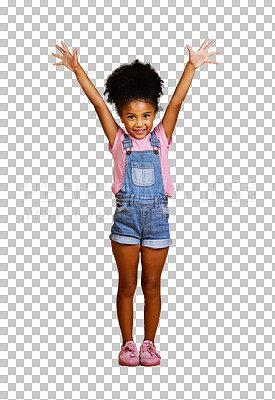 Buy stock photo Winning, success and portrait of child hands in air for celebration, wow or excited isolated on transparent, png background. Yes, freedom and happy african kid, winner or face of girl stretching arms