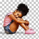 Studio portrait mixed race girl looking sitting alone isolated on a png background. Cute hispanic child posing inside. Happy and cute kid smiling and looking carefree in casual clothes