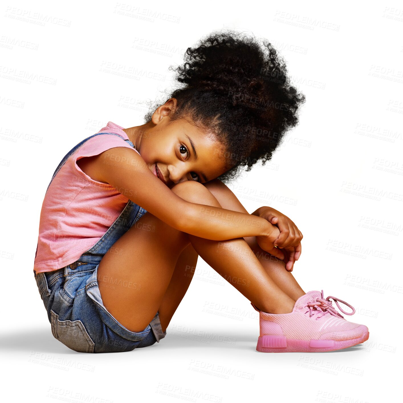 Buy stock photo Child, relax and portrait girl sitting on the floor cute, adorable and happy isolated in a transparent or png background. Smile, fashion and shy young kid model in casual or cool clothes