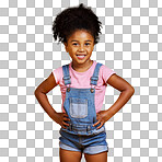 Studio portrait mixed race girl looking standing with her hands on her hips  Cute hispanic child posing inside. Happy and cute kid smiling and looking confident isolated on a png background