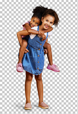 Buy stock photo Young sisters and together with happiness and hug on back in transparent isolated background in africa. Family, hugging and face with smile or children for bonding or love or fun with friends.