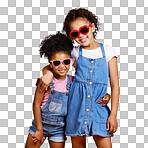 A portrait two mixed race girl sisters wearing funky sunglasses Isolated Cute hispanic children posing inside. Happy and carefree kids imagining being fashion models isolated on a png background