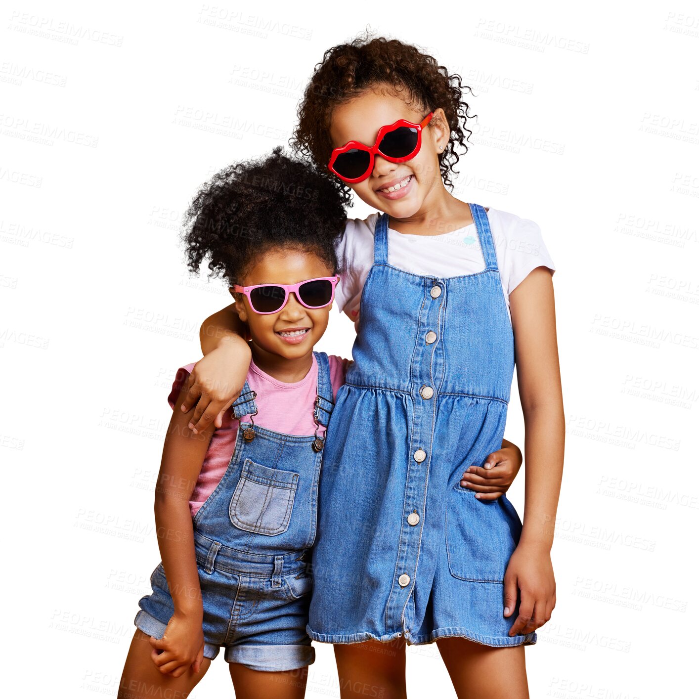 Buy stock photo Studio, portrait and girl friends hug with sunglasses for fashion, cool or summer clothing on isolated on a transparent png background. Girls, children and happy kids in fun clothes and hugging