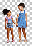 Mixed race girl sisters holding hands Cute hispanic children posing inside. Happy and carefree kids standing together. Sisters, siblings and best friends isolated on a png background. 