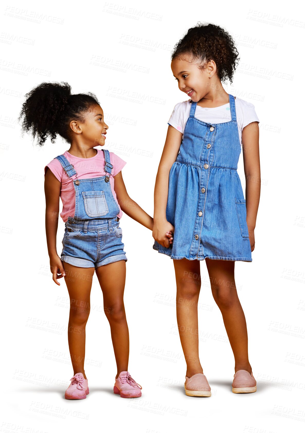 Buy stock photo Little girl, sister and holding hands with smile for sibling love or care isolated on a transparent png background. Cute, friends and happy children posing and touching hand while standing together