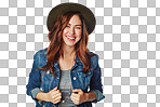 Woman, portrait or fashion clothes with hat on an isolated and transparent png background in cool brand. Smile, gen z or model and denim jacket, trendy or clothing