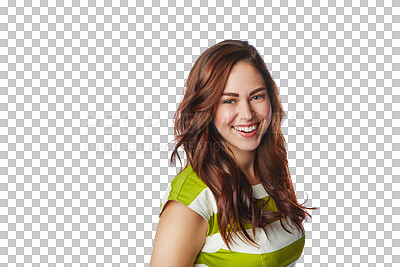 Buy stock photo Portrait, fashion and happy woman in dress isolated on a transparent png background. Smile, clothes and female person or model from Norway with happiness, style and trendy, cool clothing and outfit.