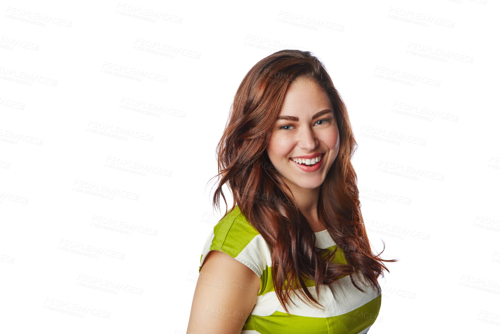 Buy stock photo Portrait, fashion and happy woman in dress isolated on a transparent png background. Smile, clothes and female person or model from Norway with happiness, style and trendy, cool clothing and outfit.