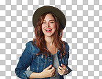 Woman, portrait or fashion clothes with denim jacket on an isolated and transparent png background in cool brand. Smile, gen z or model and hat, trendy or clothing