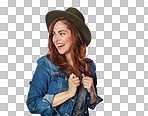 Happy woman, fashion clothes or hat on an isolated and transparent png background in cool trend or funky brand. Smile, gen z or model with denim jacket or clothing