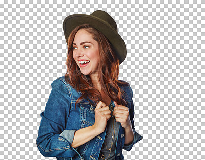 Buy stock photo Woman is happy, gen z and fashion with clothes, trendy style isolated on png transparent background. Cool, funky and female model smile, young fashionista with designer brand clothing and confident