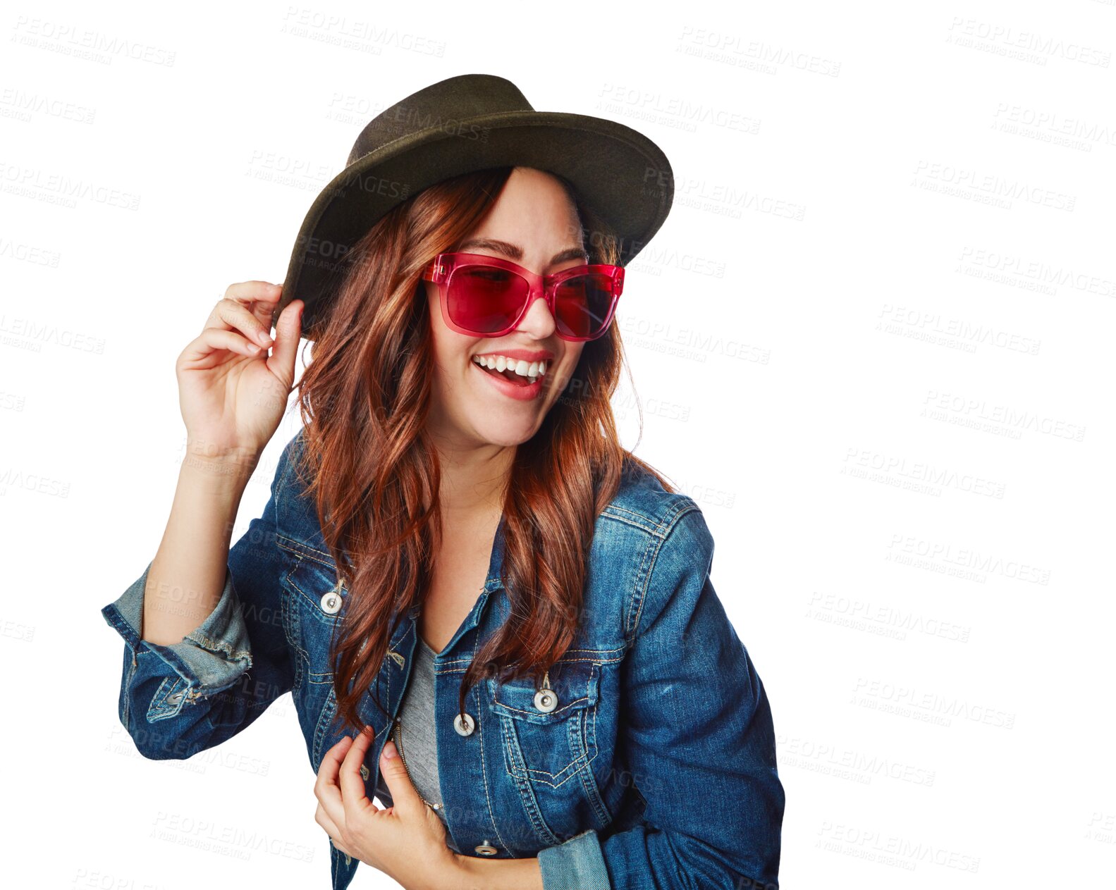 Buy stock photo Happy, woman and gen z fashion with sunglasses and excited smile with trendy style isolated on transparent png background. Happiness, cool and young female fashionista with funky stylish clothes 