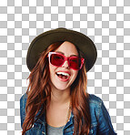 Portrait, fashion and sunglasses with a model woman on an isolated and transparent png background for a brand. Face, style and hat with an attractive young female posing to promote trendy clothes