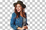 Woman, smile in portrait with energy and excited with trendy, hipster style on an isolated and transparent png background. Fashion model, happy girl and edgy with fedora and lifestyle