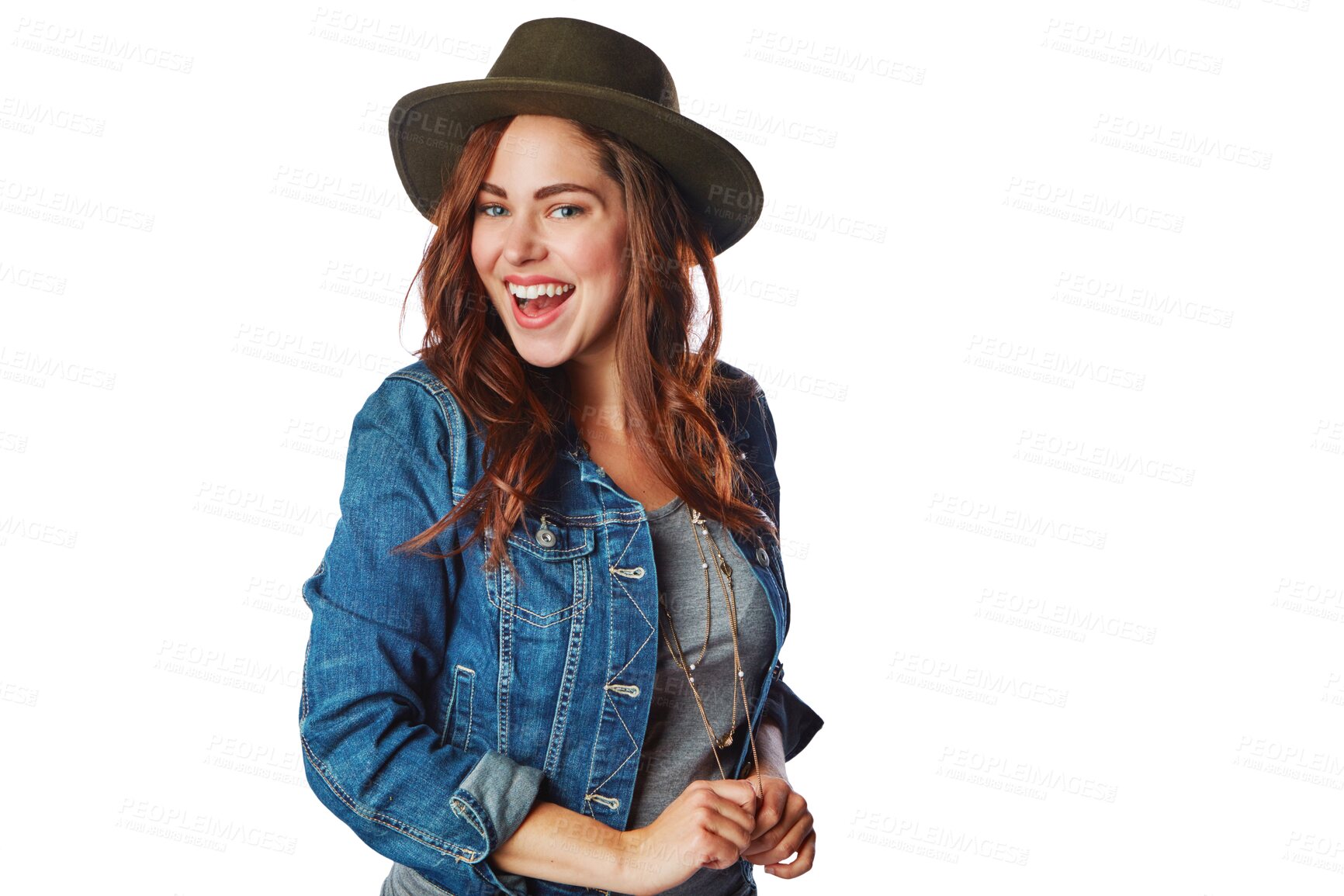 Buy stock photo Fashion, portrait and excited woman in hat isolated on a transparent png background. Face, clothes and smile of female person or model from Canada with style, trendy fedora and cool denim clothing.