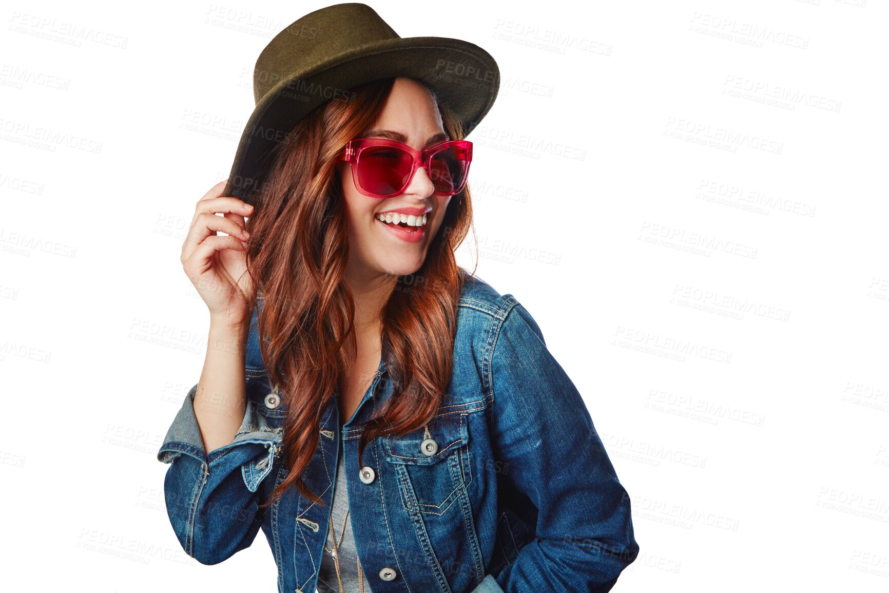 Buy stock photo Woman with smile, gen z fashion and sunglasses, happy and excited with retro style isolated on transparent png background. Happiness, cool and young female fashionista with funky stylish clothes 