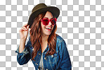 Woman, smile and hat with glasses in fashion with style for summer on an isolated and transparent png background. Happy female smiling in happiness for stylish sunglasses or clothing