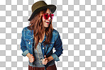 Gen z, fashion and sunglasses girl happy in trendy style with excited smile on an isolated and transparent png background. Happiness, youth and young fashionista model