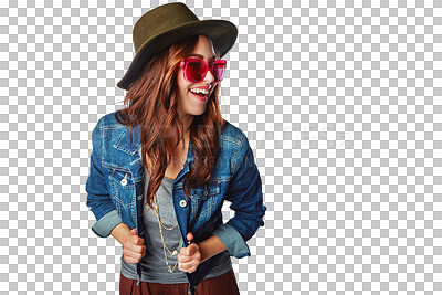 Buy stock photo Gen z, fashion and sunglasses of happy woman in trendy style with excited smile isolated on a transparent png background. Young female person or model smiling in happiness for stylish denim clothing