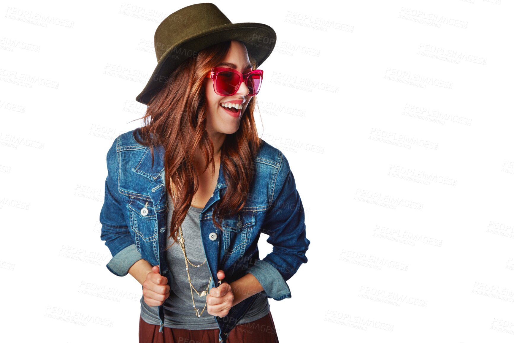 Buy stock photo Gen z, fashion and sunglasses of happy woman in trendy style with excited smile isolated on a transparent png background. Young female person or model smiling in happiness for stylish denim clothing