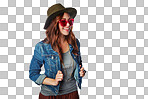 Sunglasses, happy and girl fashion with cool, gen z and youth style with smile on an isolated and transparent png background. Happiness, joy and young fashionista person