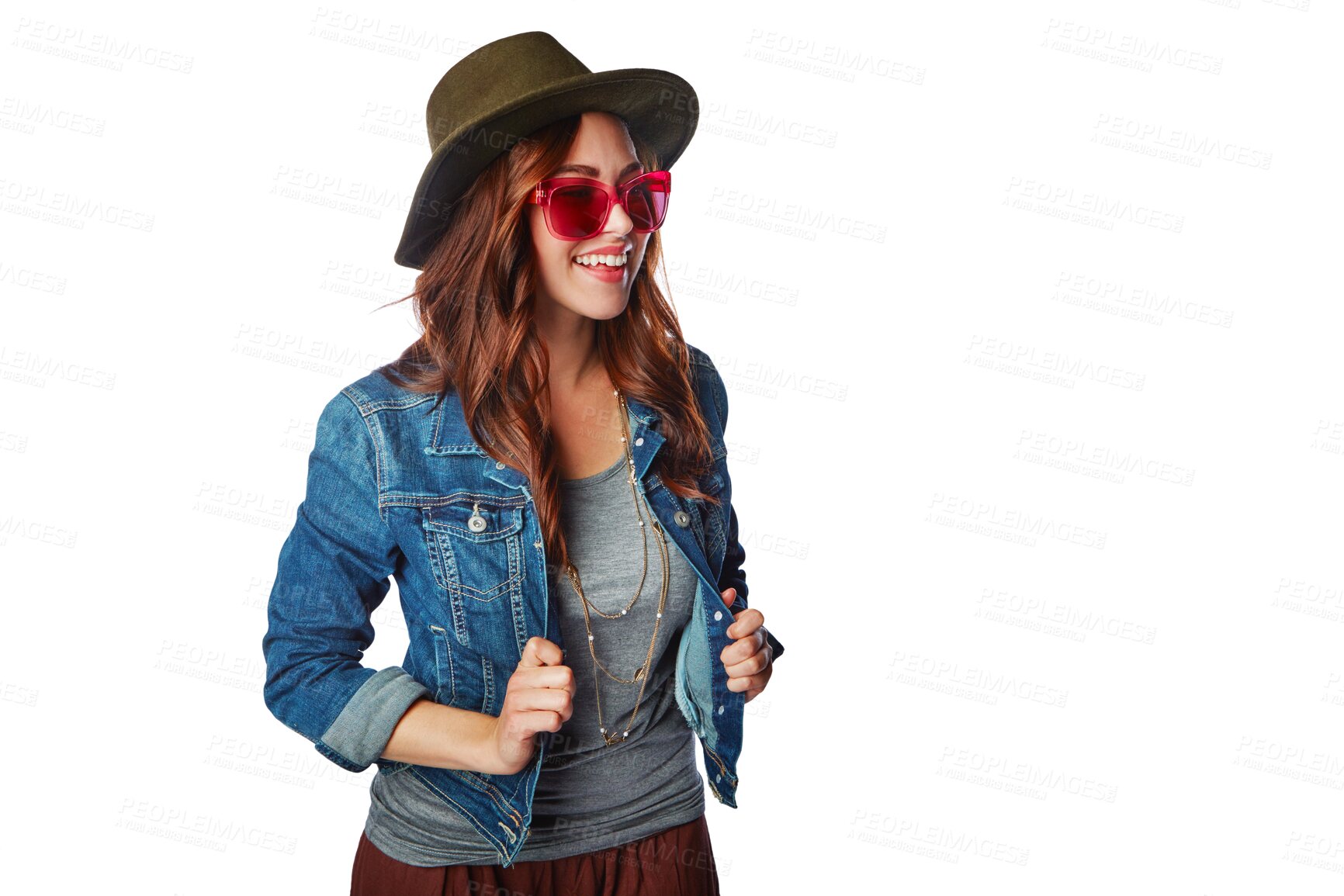 Buy stock photo Fashion, hipster and smile with woman on transparent background for trendy, vintage and retro. Happy, funky and pride with female person and sunglasses on png for gen z, edgy and confidence