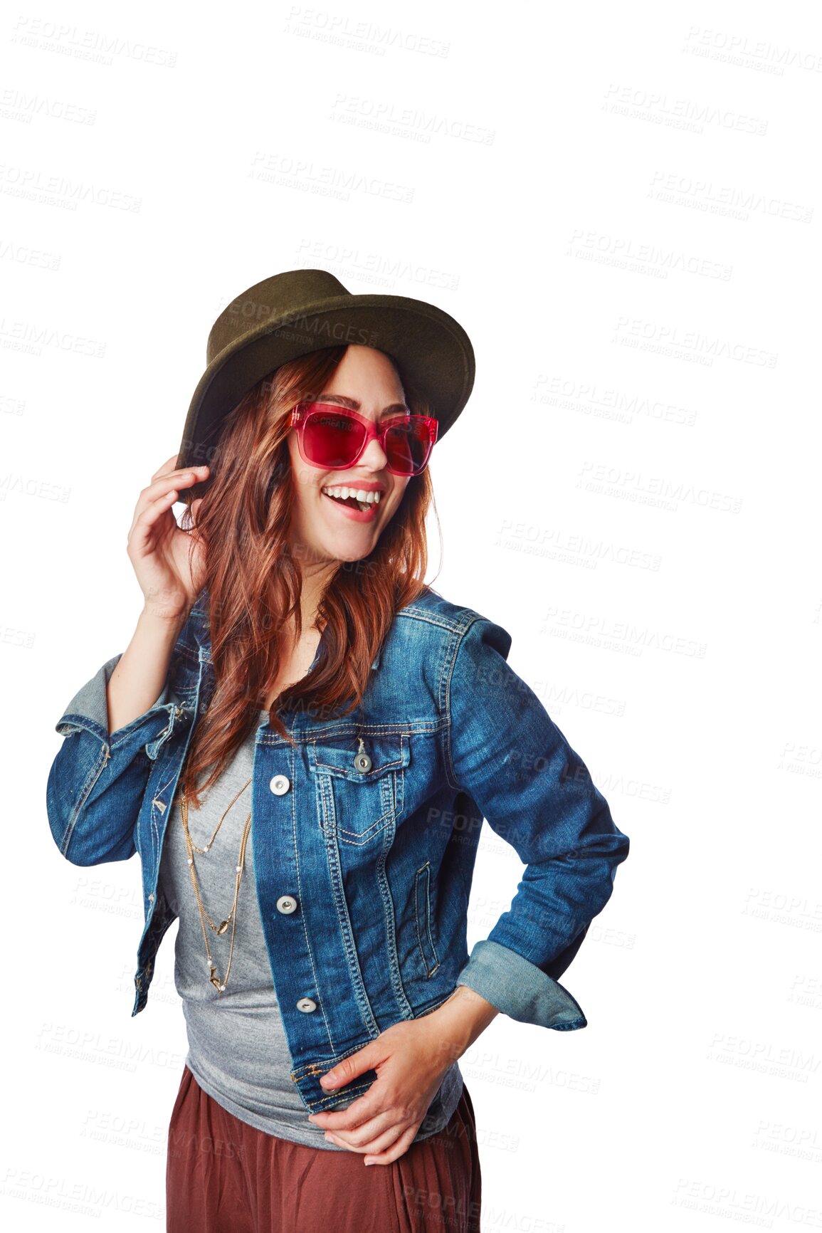 Buy stock photo Fashion, hipster and sunglasses with woman on transparent background for trendy, vintage and retro. Happy, funky and pride with female person and cool style on png for gen z, edgy and confidence