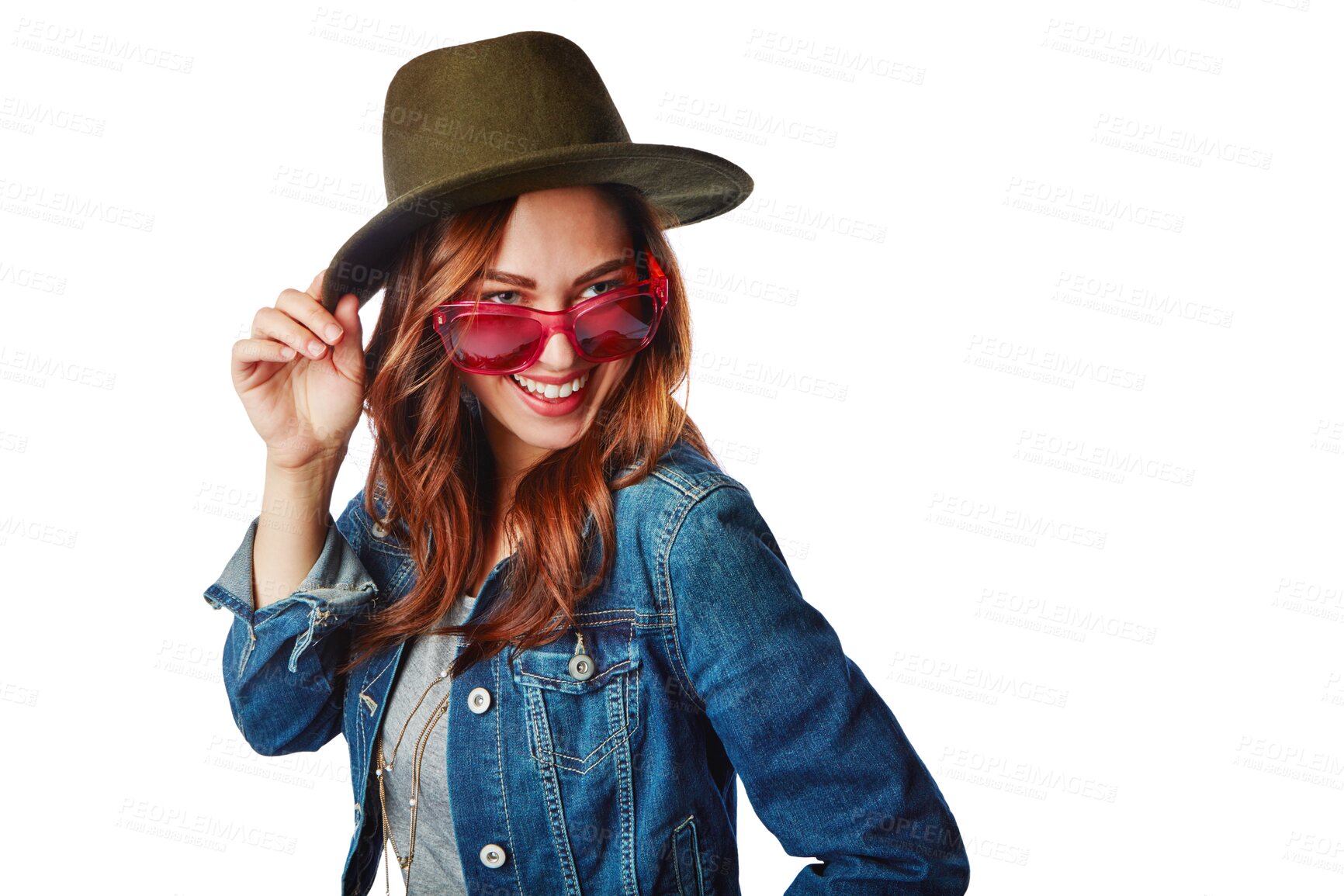 Buy stock photo Fashion, happy and smile with woman on transparent background for trendy, vintage and retro. Hipster, funky and pride with female person and sunglasses on png for gen z, edgy and confidence