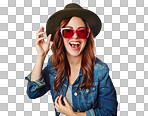 Stylish woman, fashion and sunglasses with hat, smile or excited face on an isolated, transparent png background. Portrait of a fashionable female smiling in happiness for summer style with glasses