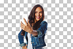 Influencer, fashion and selfie on an isolated and transparent png background for social media, profile picture or video call. Smile, happy woman or model on photography in blogging