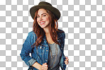 Happy woman, portrait and fashion clothes with hat on an isolated and transparent png background in cool brand. Smile, gen z and model with denim jacket, trendy or clothing