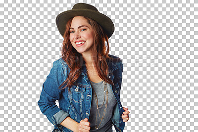 Buy stock photo Fashion, portrait and happy woman in fedora isolated on a transparent png background. Face, clothes and smile of female model person from Canada with stylish, trendy hat and cool denim clothing.