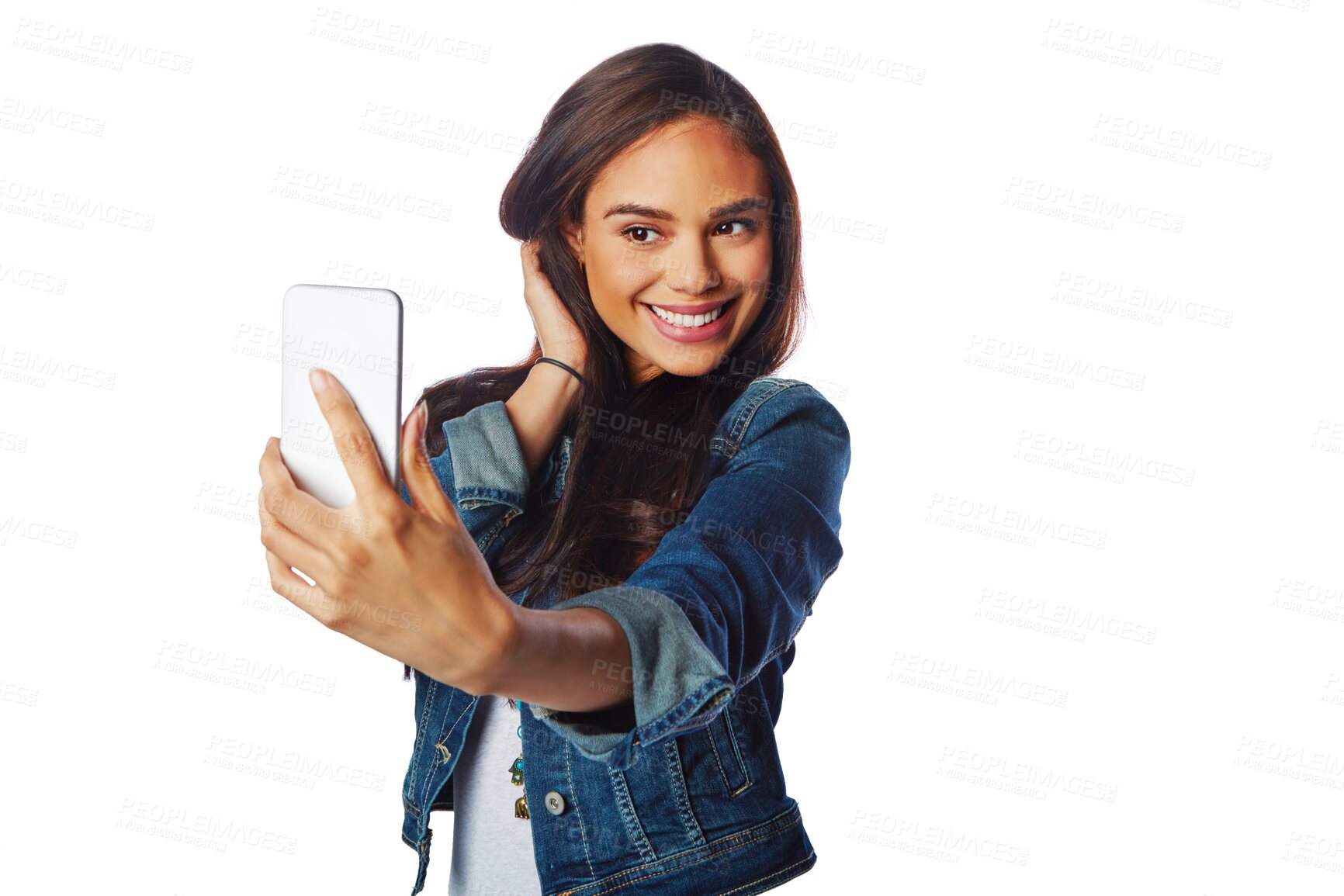 Buy stock photo Selfie, makeup and happy young woman isolated on transparent, png background for social media photography. Video, content creation and model, influencer or person profile picture, beauty or cosmetics