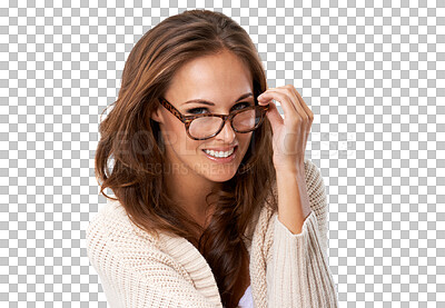 Buy stock photo Attractive woman, portrait smile and glasses in casual fashion isolated on a transparent PNG background. Face of confident female person or model in casual style clothing and smiling with flirty look