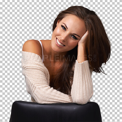 Buy stock photo Happy woman with smile in portrait, beauty and cosmetics with hair, skincare and makeup isolated on transparent png background. Natural cosmetic care, female model with skin glow and dermatology 