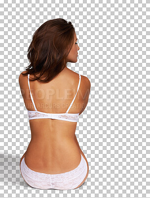 Buy stock photo Woman, back and lingerie sitting with long hair of beauty model isolated on a transparent PNG background. Rear view of female person in relax with underwear, bra or panties posing with slim body